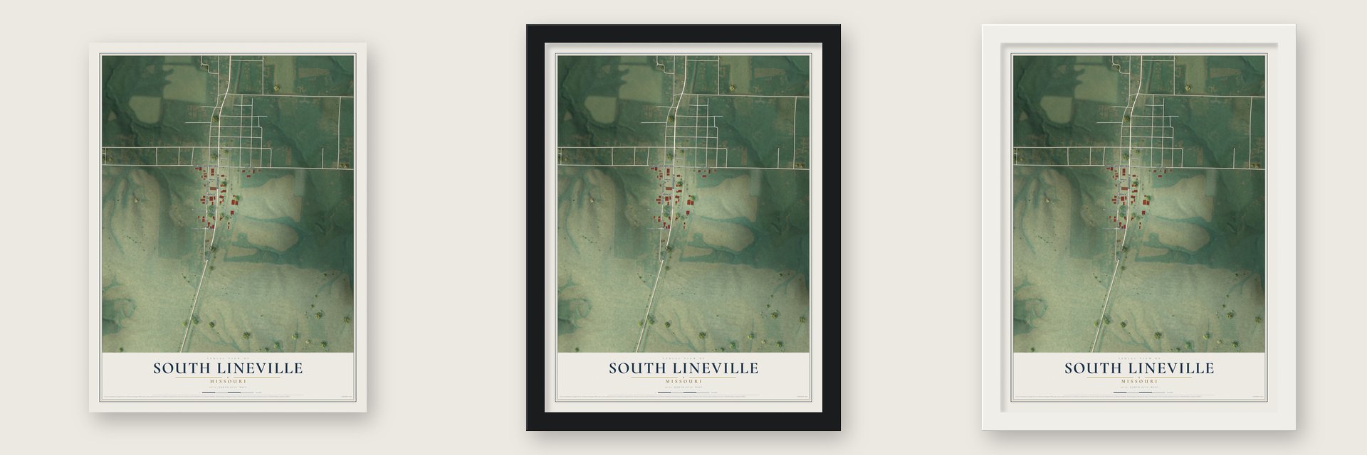 South Lineville, Missouri map unframed, in a black wood frame and in a white wood frame
