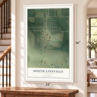 South Lineville, Missouri map, 24 x 36 inch print in a white frame by a staircase