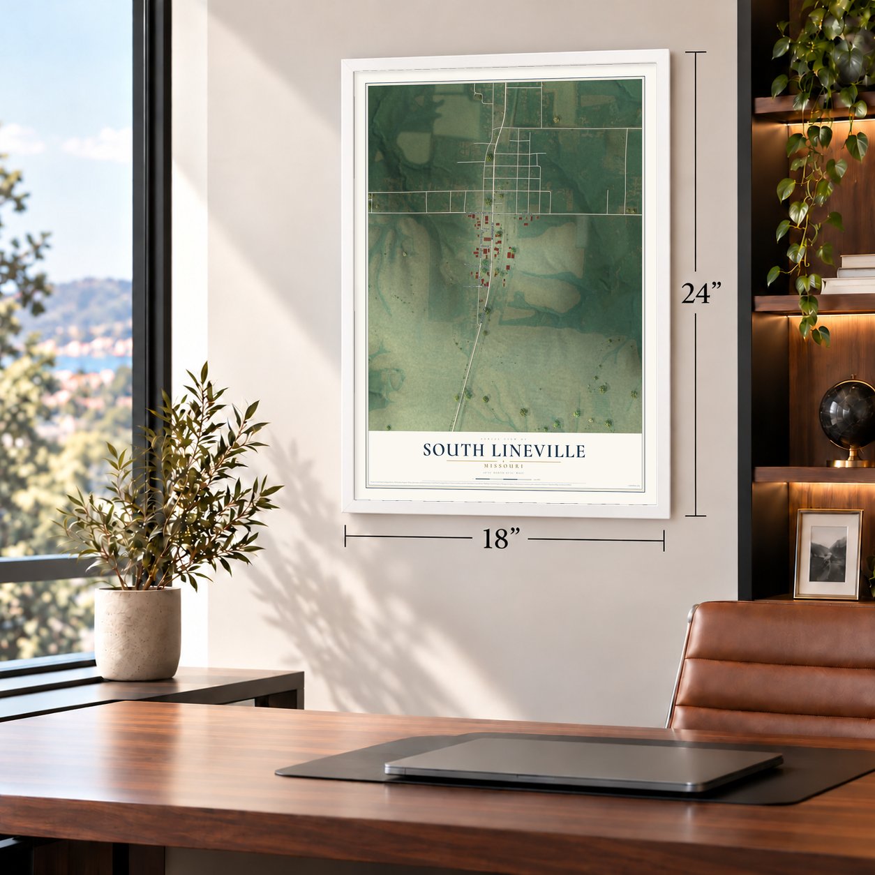 South Lineville, Missouri map, 18 x 24 inch print in a white frame in a home office