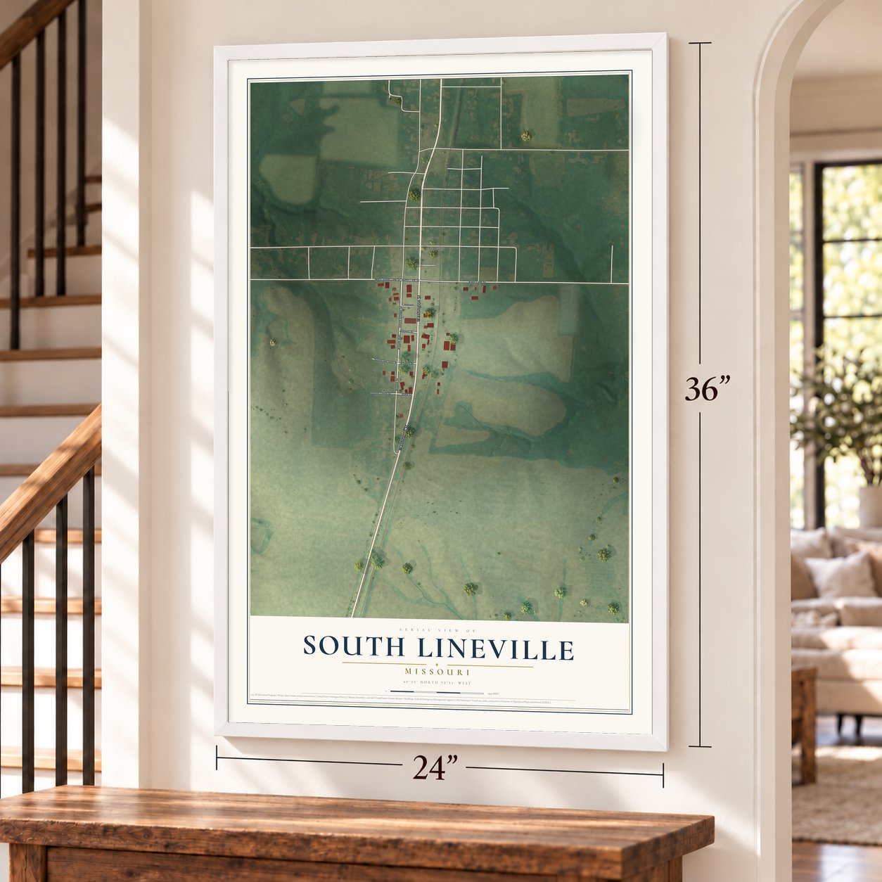 South Lineville, Missouri map, 24 x 36 inch print in a white frame by a staircase