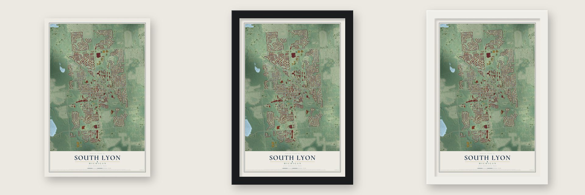South Lyon, Michigan map unframed, in a black wood frame and in a white wood frame