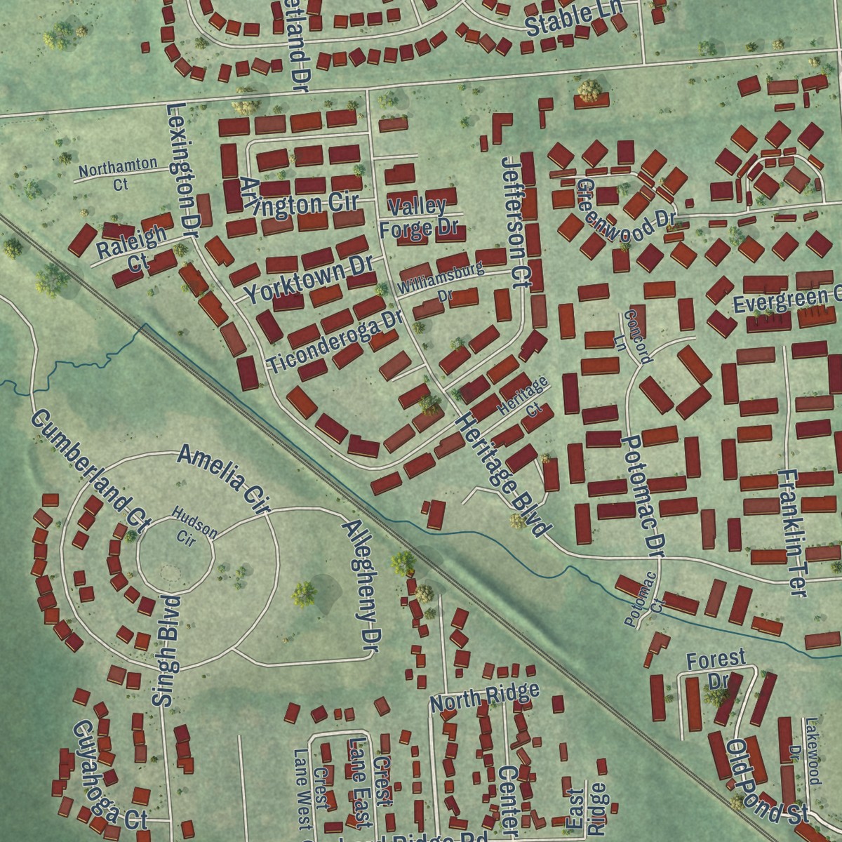 Second close-up of the map of South Lyon, Michigan print showing more streets and buildings