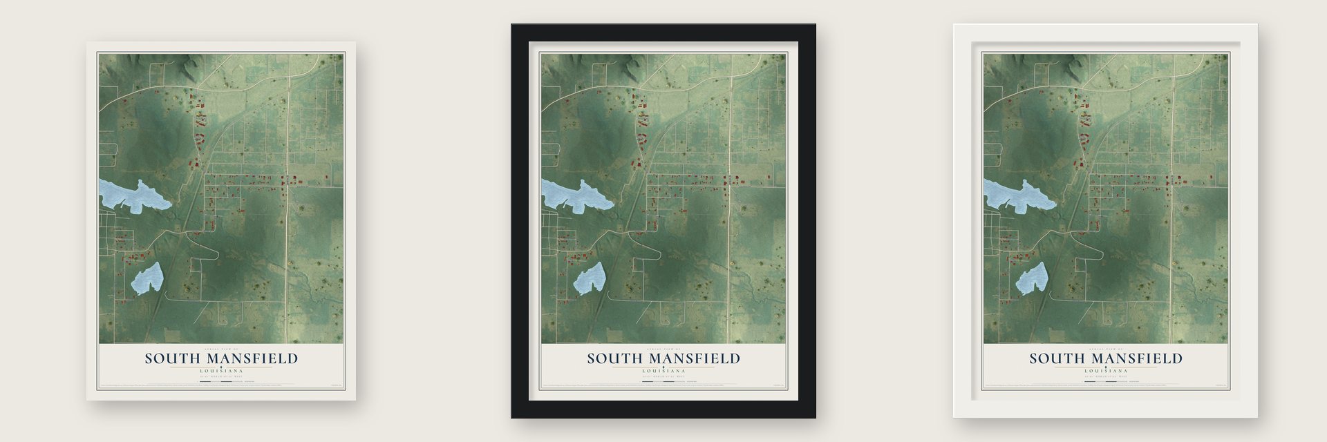 South Mansfield, Louisiana map unframed, in a black wood frame and in a white wood frame