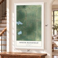 South Mansfield, Louisiana map, 24 x 36 inch print in a white frame by a staircase