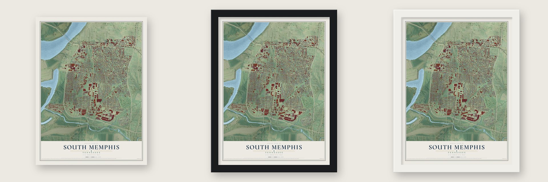 South Memphis, Tennessee map unframed, in a black wood frame and in a white wood frame