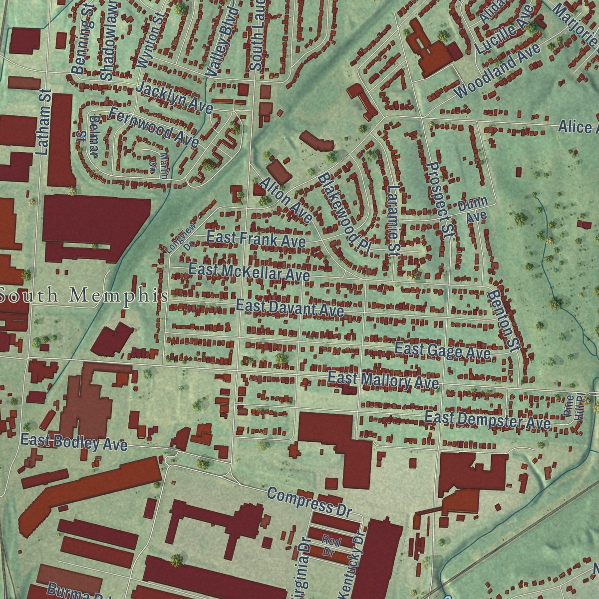 Second close-up of the map of South Memphis, Tennessee print showing more streets and buildings