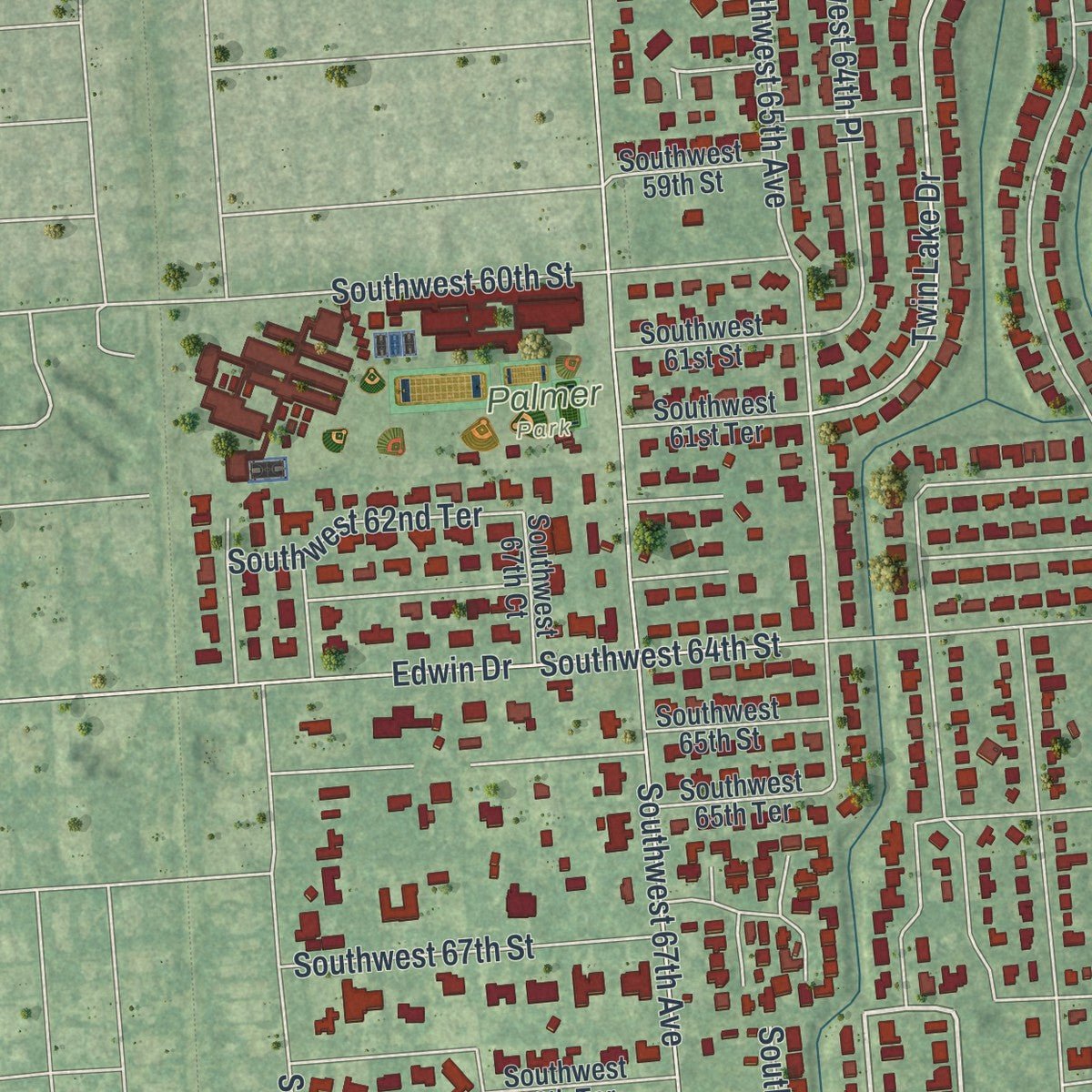 Second close-up of the map of South Miami, Florida print showing more streets and buildings
