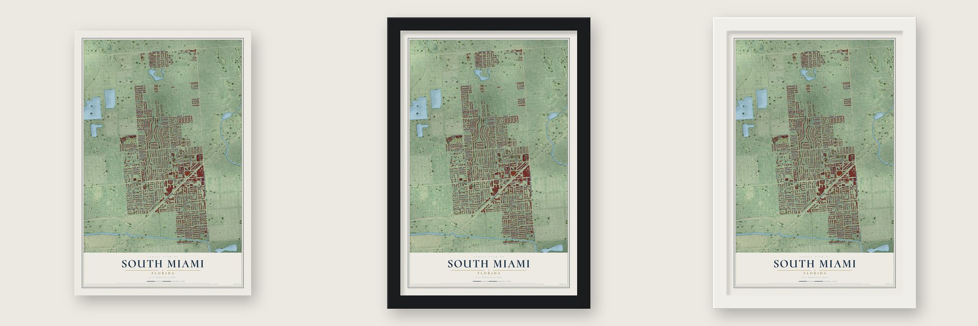 South Miami, Florida map unframed, in a black wood frame and in a white wood frame