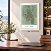 South Miami, Florida map, 18 x 24 inch print in a white frame in a home office