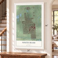 South Miami, Florida map, 24 x 36 inch print in a white frame by a staircase