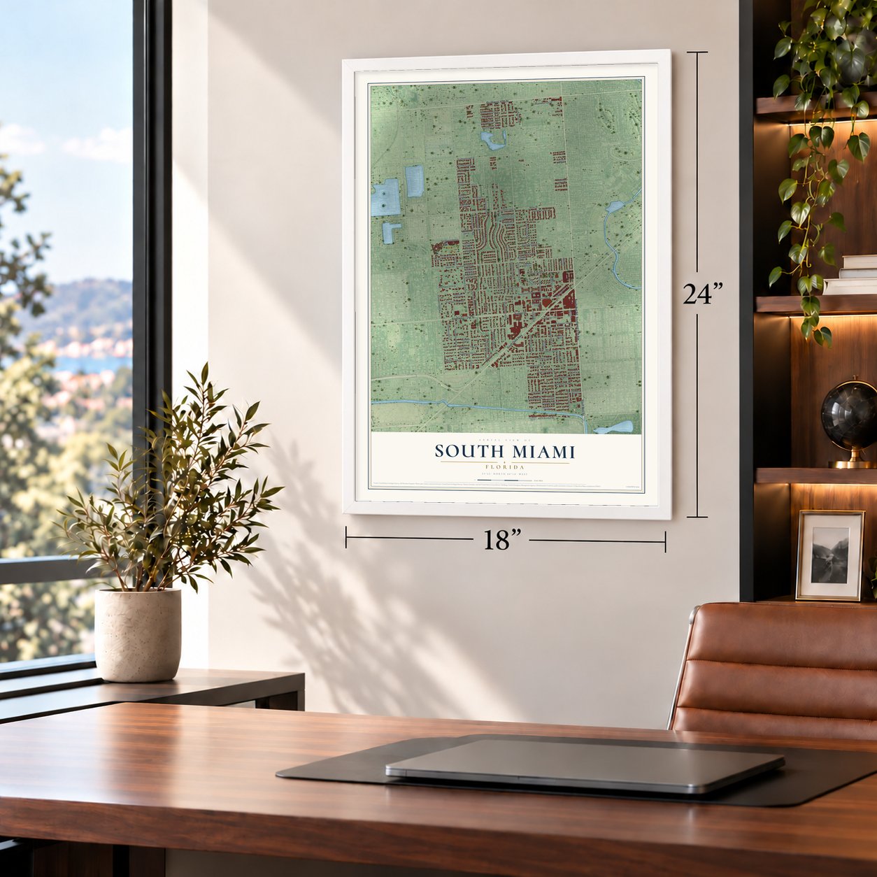 South Miami, Florida map, 18 x 24 inch print in a white frame in a home office