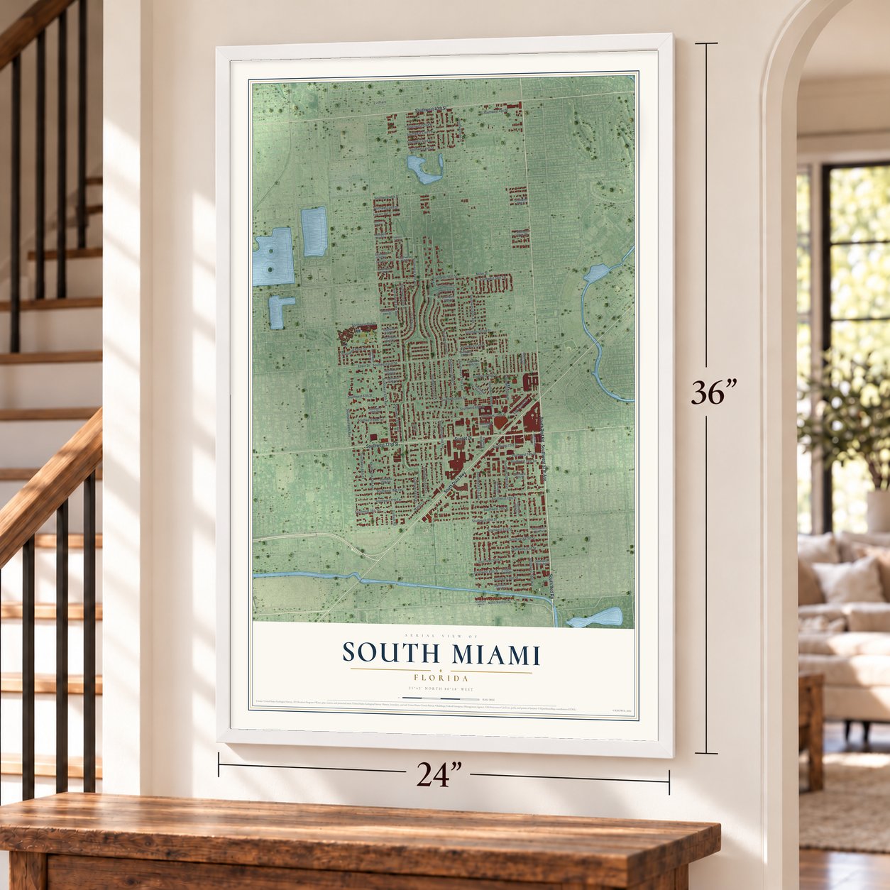 South Miami, Florida map, 24 x 36 inch print in a white frame by a staircase