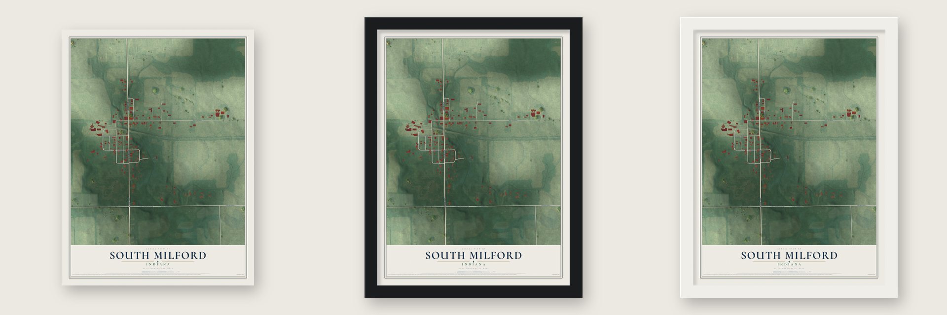 South Milford, Indiana map unframed, in a black wood frame and in a white wood frame
