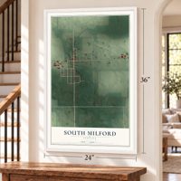 South Milford, Indiana map, 24 x 36 inch print in a white frame by a staircase