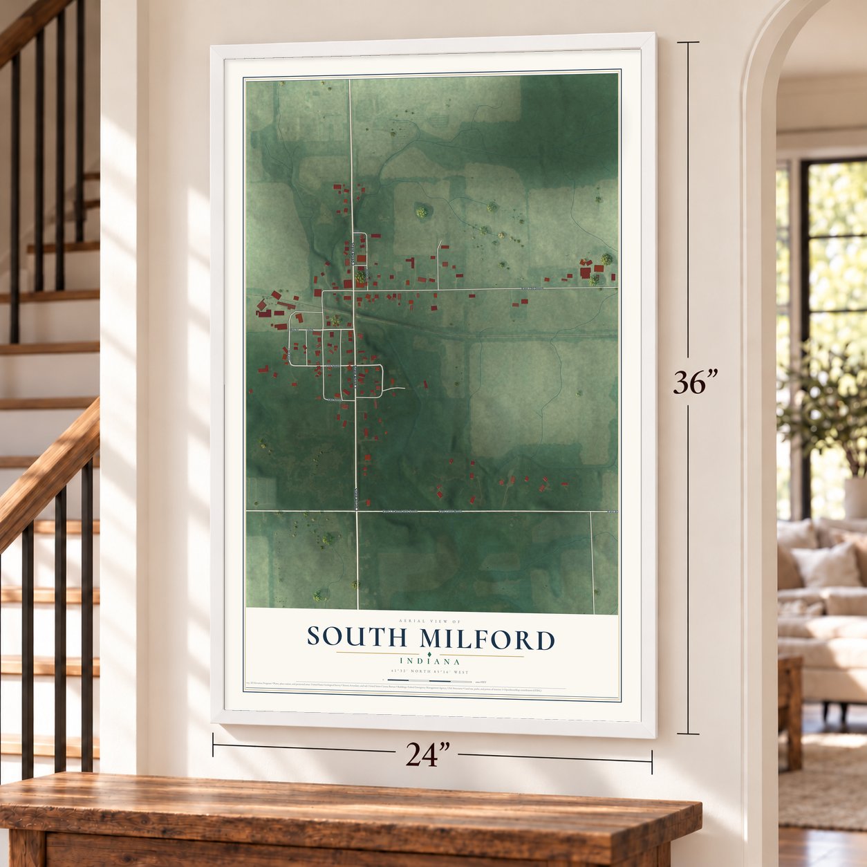 South Milford, Indiana map, 24 x 36 inch print in a white frame by a staircase