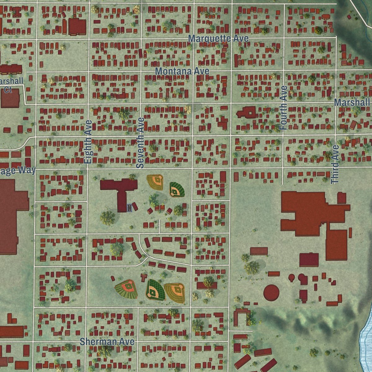 Second close-up of the map of South Milwaukee, Wisconsin print showing more streets and buildings
