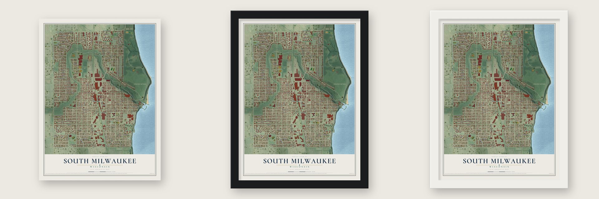 South Milwaukee, Wisconsin map unframed, in a black wood frame and in a white wood frame