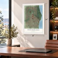 South Milwaukee, Wisconsin map, 18 x 24 inch print in a white frame in a home office