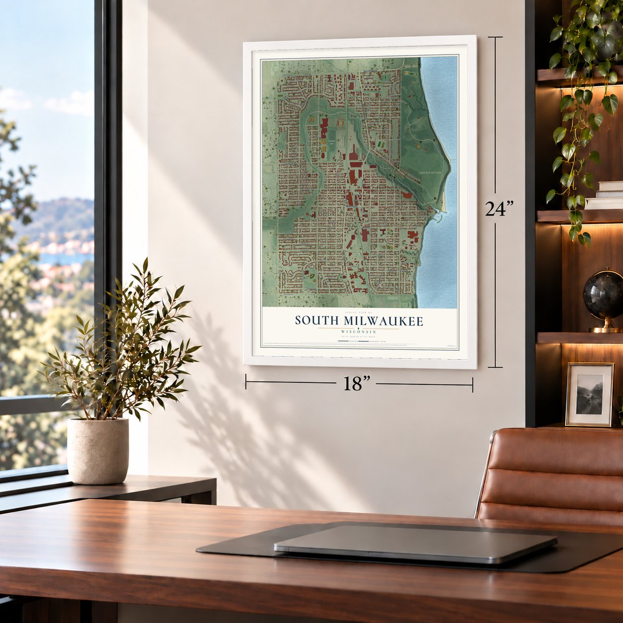 South Milwaukee, Wisconsin map, 18 x 24 inch print in a white frame in a home office