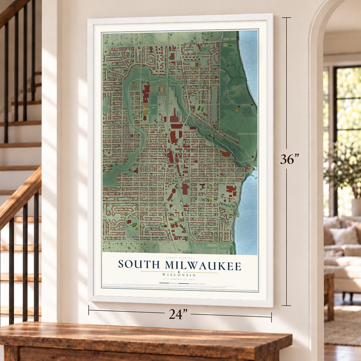 South Milwaukee, Wisconsin map, 24 x 36 inch print in a white frame by a staircase