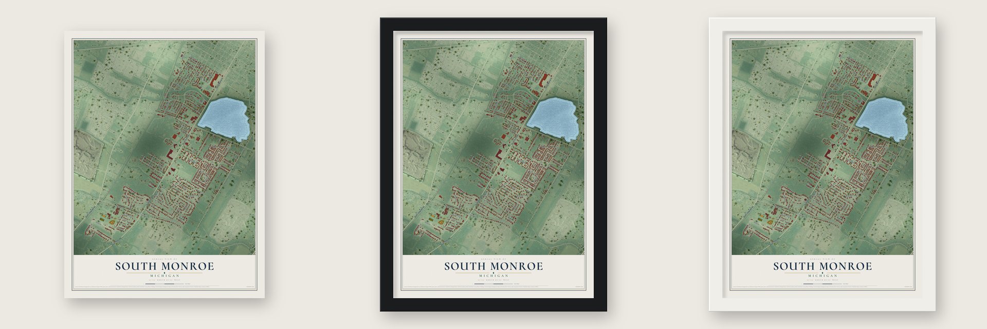 South Monroe, Michigan map unframed, in a black wood frame and in a white wood frame