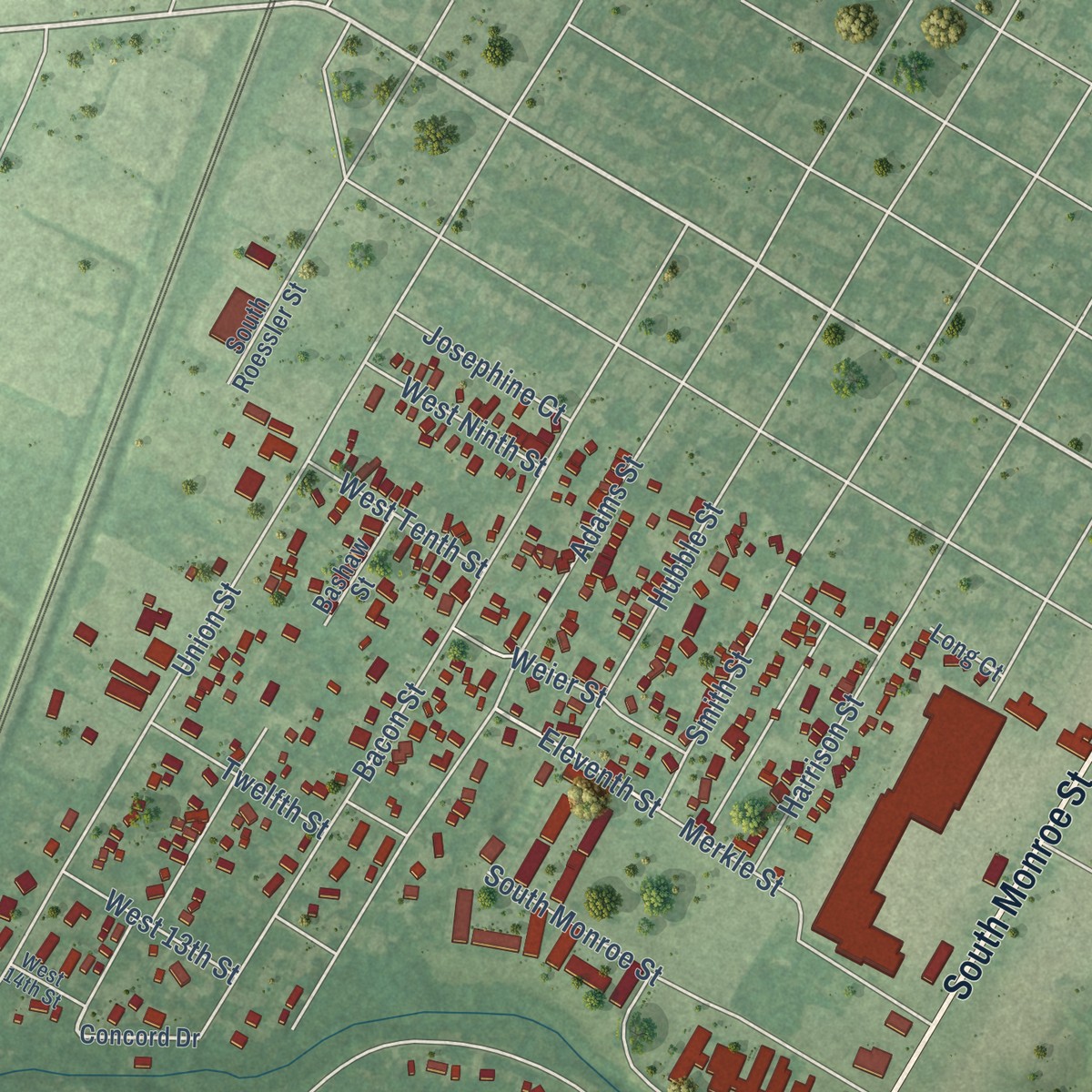 Second close-up of the map of South Monroe, Michigan print showing more streets and buildings