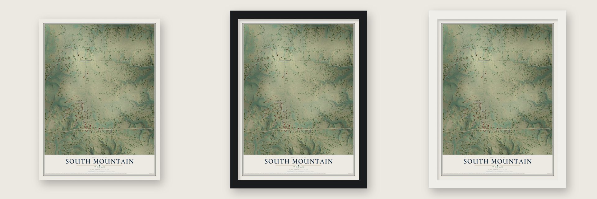 South Mountain, Texas map unframed, in a black wood frame and in a white wood frame