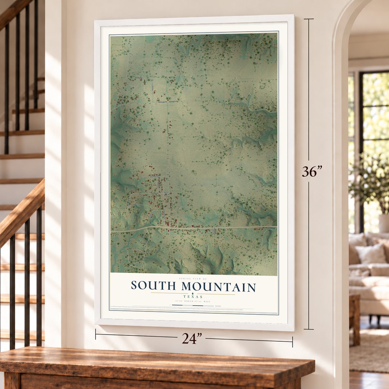 South Mountain, Texas map, 24 x 36 inch print in a white frame by a staircase