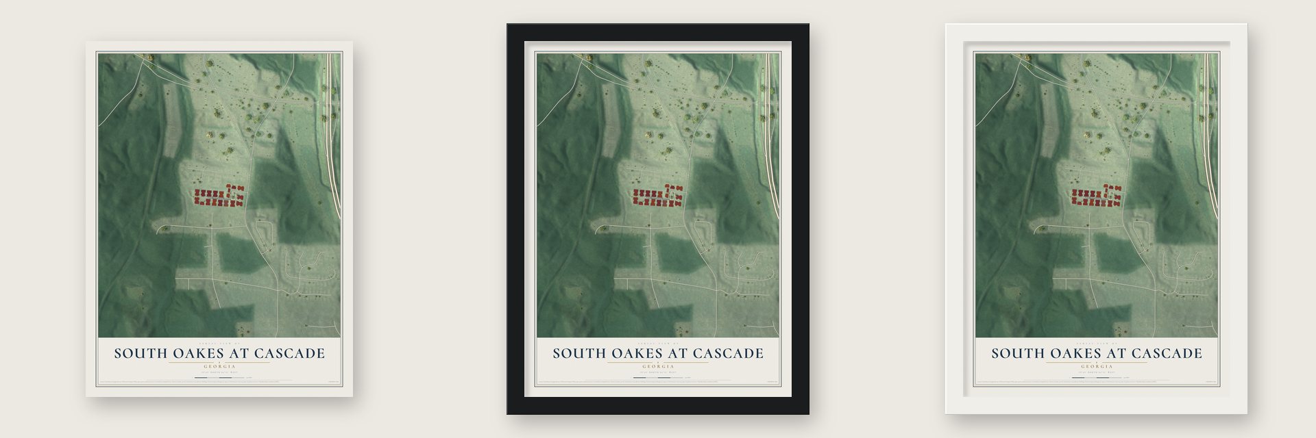 South Oakes at Cascade, Georgia map unframed, in a black wood frame and in a white wood frame
