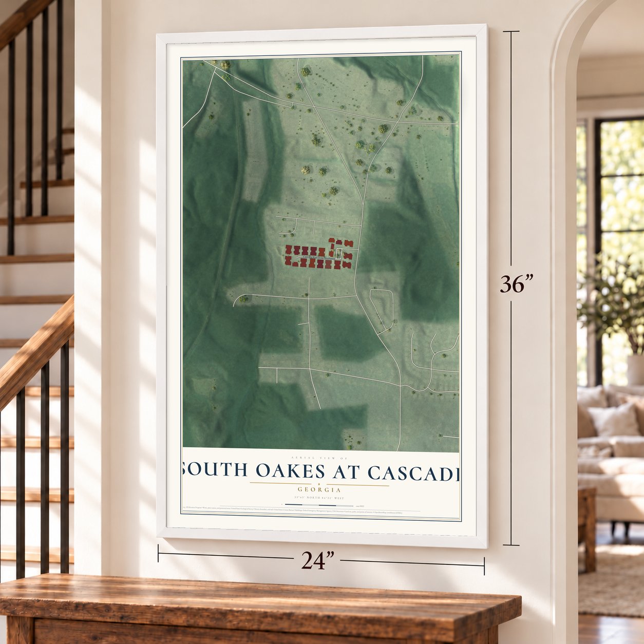South Oakes at Cascade, Georgia map, 24 x 36 inch print in a white frame by a staircase