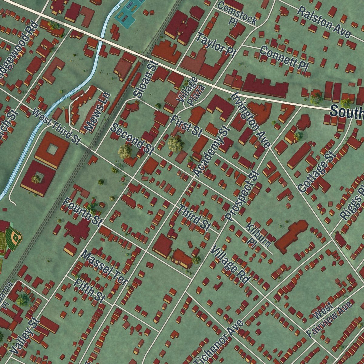 Second close-up of the map of South Orange Village, New Jersey print showing more streets and buildings