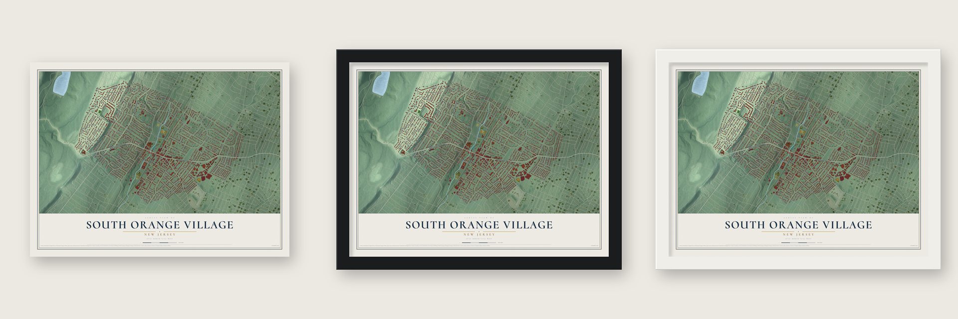 South Orange Village, New Jersey map unframed, in a black wood frame and in a white wood frame