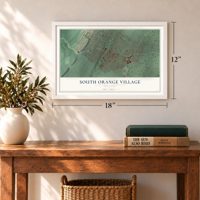 South Orange Village, New Jersey map, 12 x 18 inch print in a white frame in an entryway