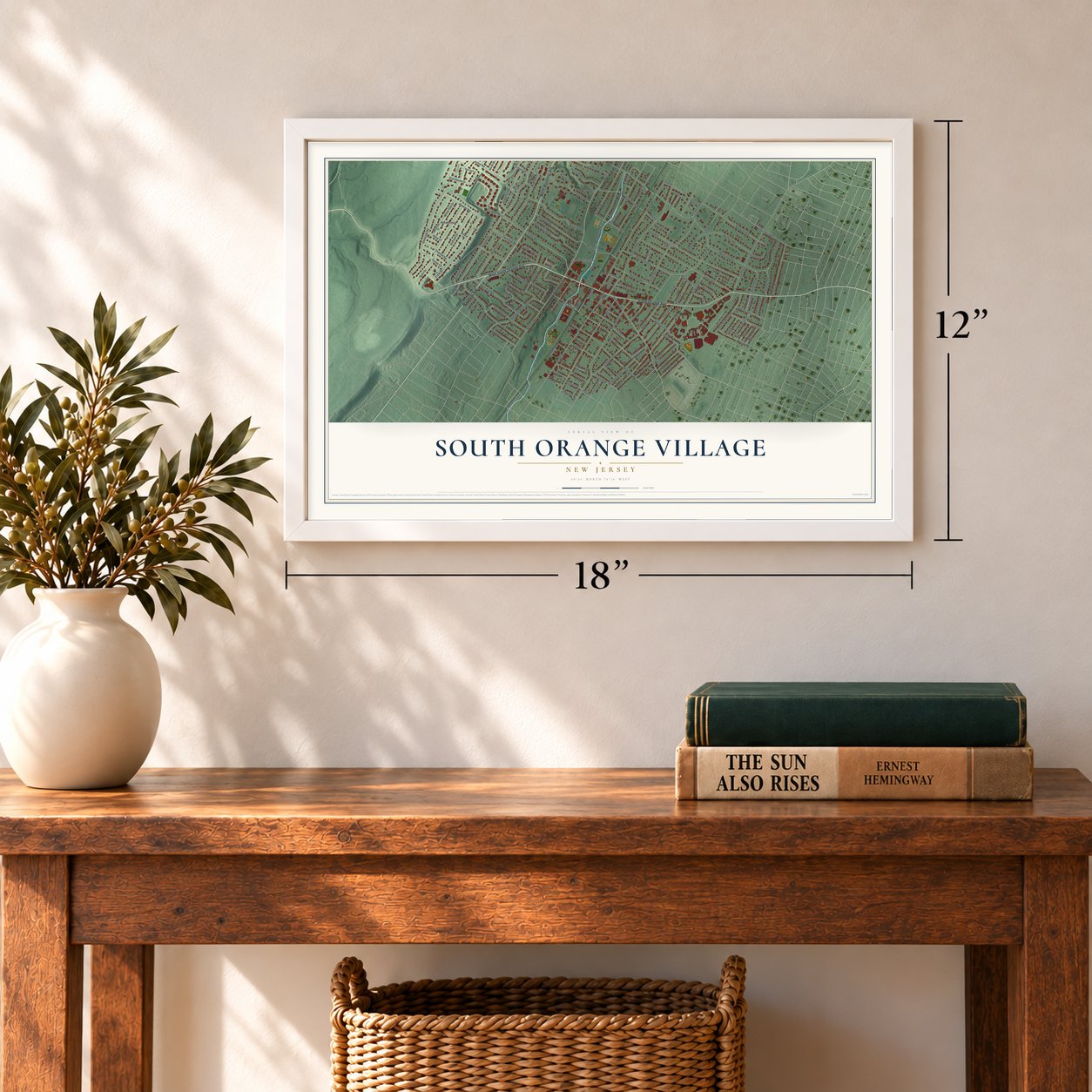 South Orange Village, New Jersey map, 12 x 18 inch print in a white frame in an entryway