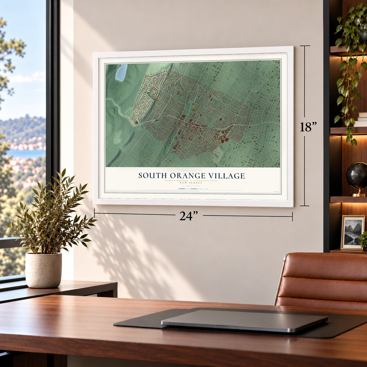 South Orange Village, New Jersey map, 18 x 24 inch print in a white frame in a home office
