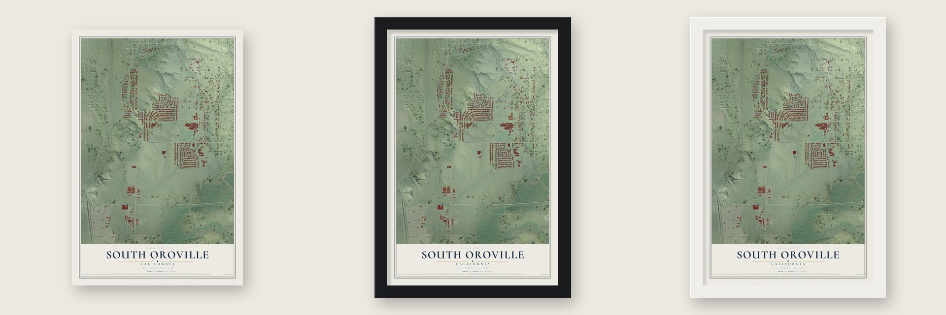 South Oroville, California map unframed, in a black wood frame and in a white wood frame