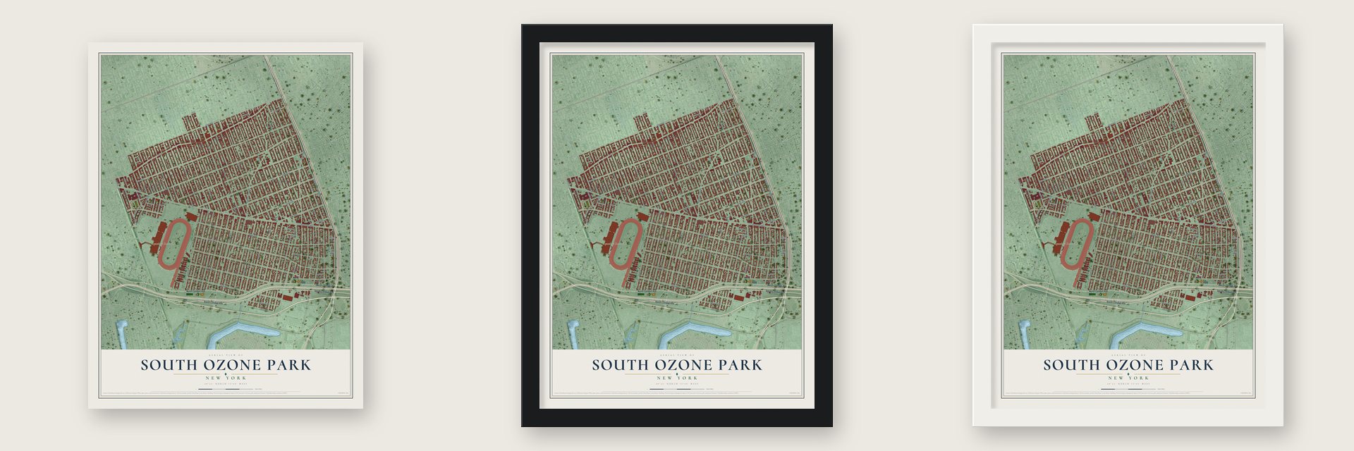 South Ozone Park, New York map unframed, in a black wood frame and in a white wood frame