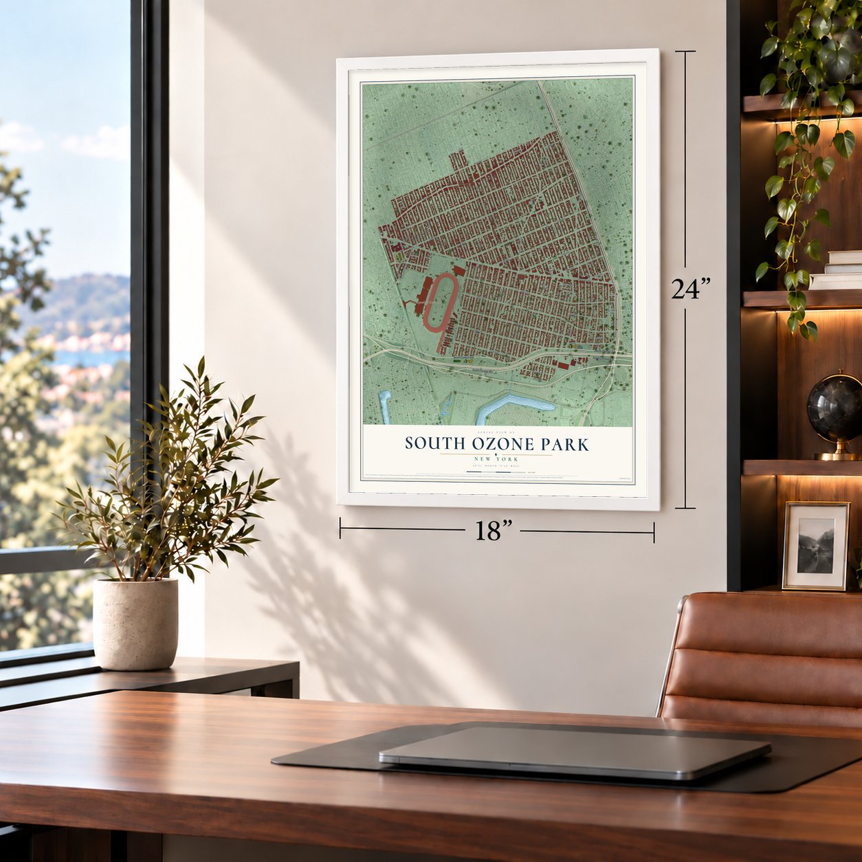 South Ozone Park, New York map, 18 x 24 inch print in a white frame in a home office