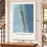 South Padre Island, Texas map, 24 x 36 inch print in a white frame by a staircase