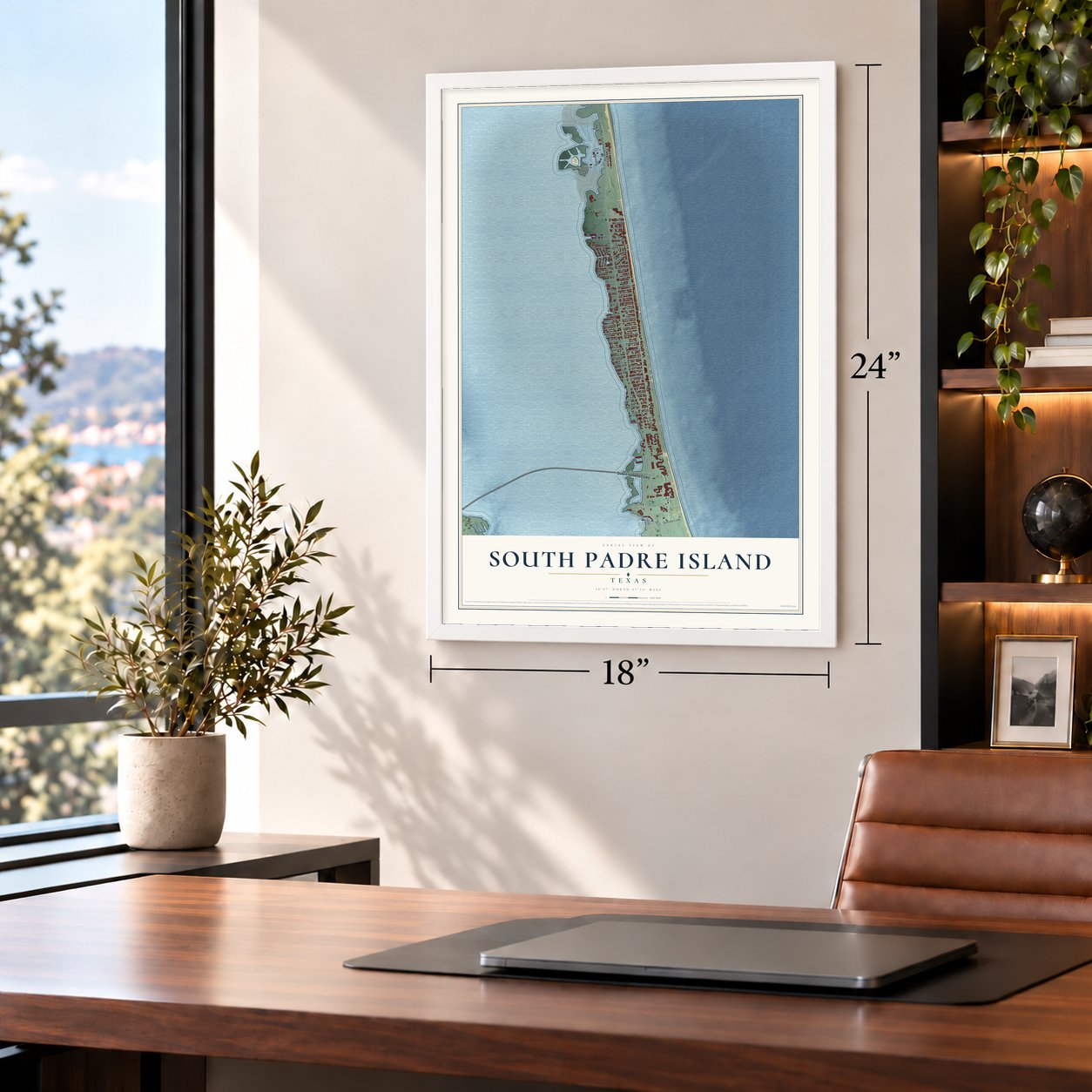 South Padre Island, Texas map, 18 x 24 inch print in a white frame in a home office