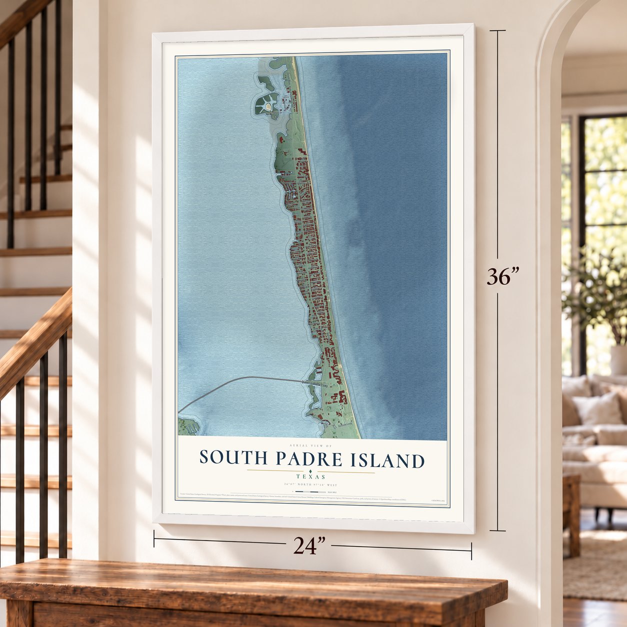 South Padre Island, Texas map, 24 x 36 inch print in a white frame by a staircase