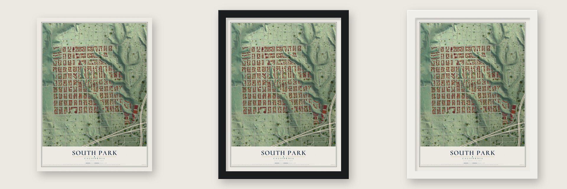South Park, California map unframed, in a black wood frame and in a white wood frame