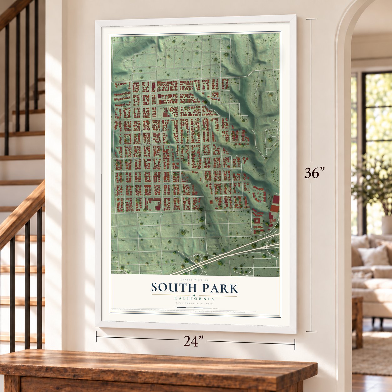 South Park, California map, 24 x 36 inch print in a white frame by a staircase