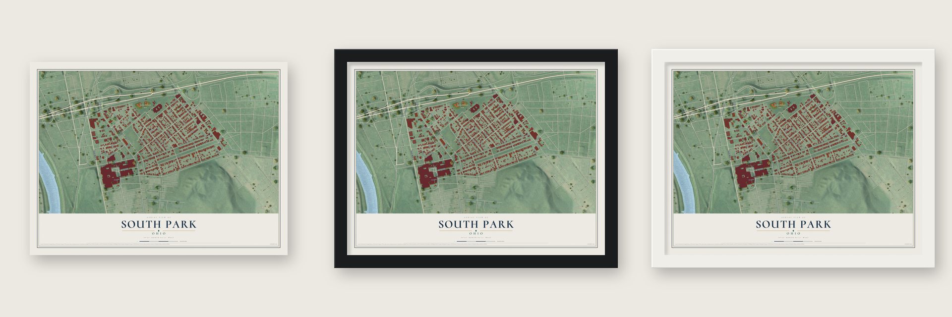 South Park, Ohio map unframed, in a black wood frame and in a white wood frame