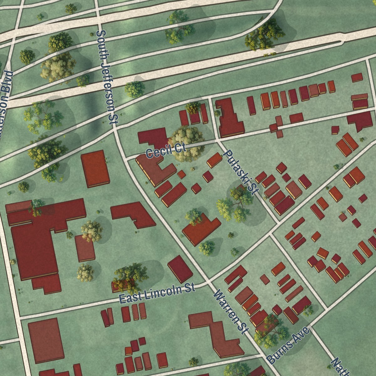 Second close-up of the map of South Park, Ohio print showing more streets and buildings