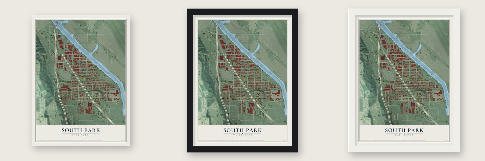 South Park, Washington map unframed, in a black wood frame and in a white wood frame