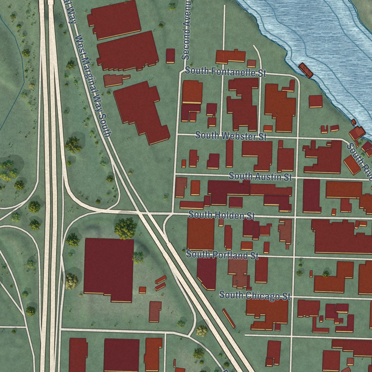 Second close-up of the map of South Park, Washington print showing more streets and buildings