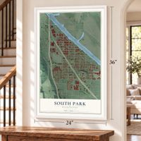 South Park, Washington map, 24 x 36 inch print in a white frame by a staircase