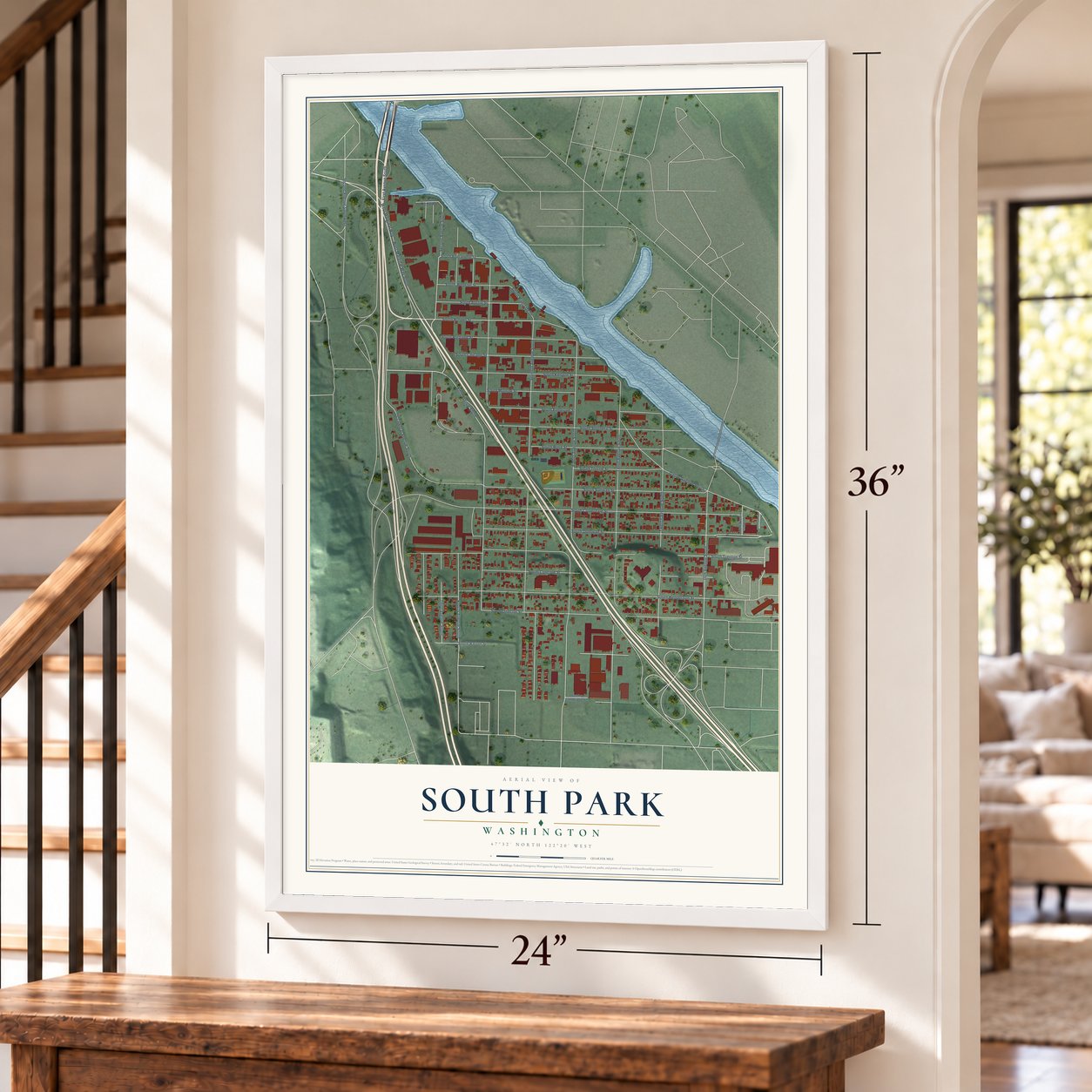 South Park, Washington map, 24 x 36 inch print in a white frame by a staircase