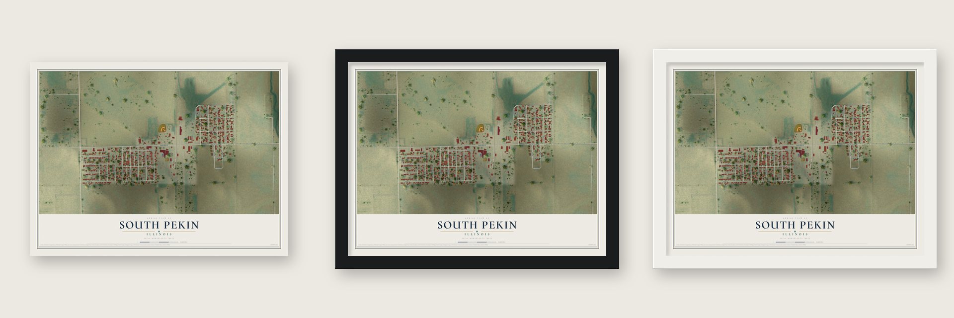 South Pekin, Illinois map unframed, in a black wood frame and in a white wood frame